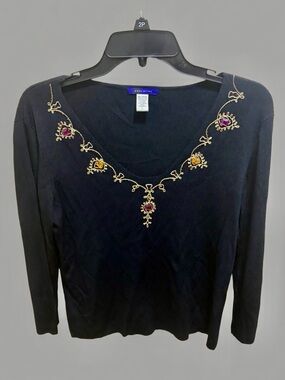 Population Black Ribbed Long Sleeve V-Neck Gold Embroidered Jeweled Size L